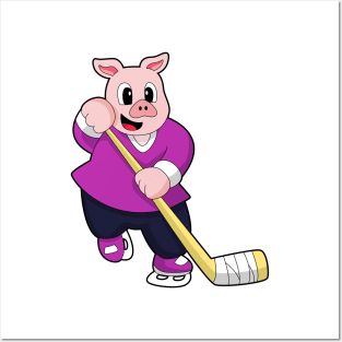 Pig at Ice hockey with Ice hockey stick Posters and Art